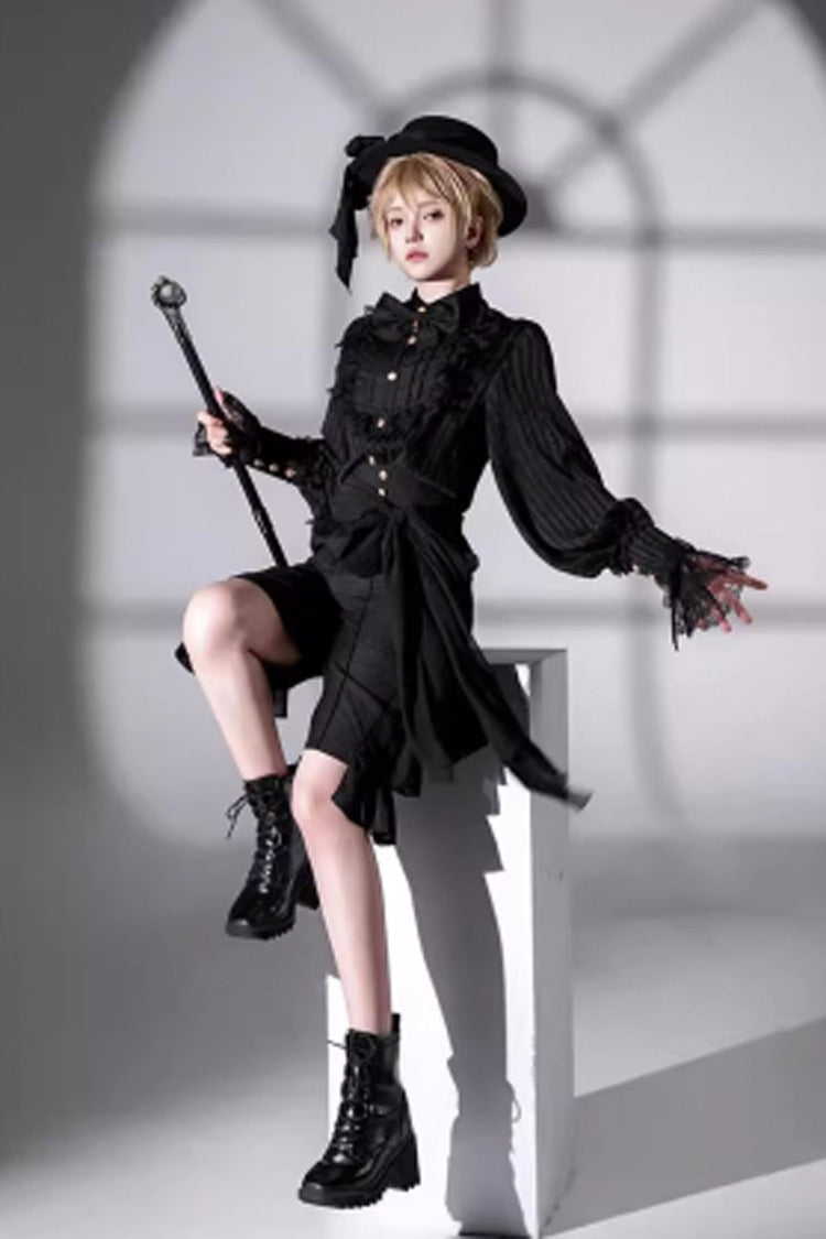 Black [Eternal City] Long Sleeves Lace Gothic Prince Medieval Ouji Lolita Blouse Knee-Length Shorts Set - Product - 4