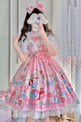 Pink Doll Playground Print Ruffle Bowknot Sweet Lolita Jsk Dress - Product - 7