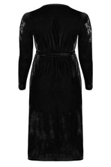 Black Velvet Sexy V-Neck Hollow Out Exquisite Applique Hem Slit Design Corded Long Women's Plus Size Gothic Dress - Product - 7