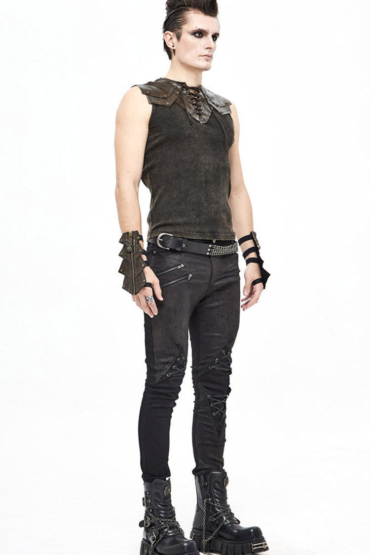 Brown Lace Up Striped Shoulder Armor Shape Chest Knitting Men's Punk Vest - Product - 5