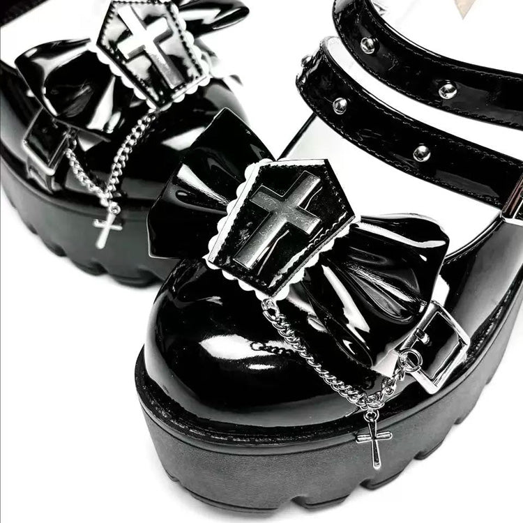 Black Bow Chain Cross Princess Gothic Punk Lolita High Heels - Product - 3