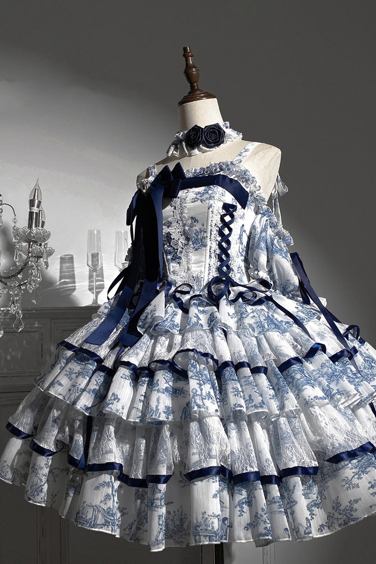 Blue/White Sleeveless Multi-Layered Print Bowknot Fishbone Sweet Classic Chinese Style Lolita Jsk Long Dress - Product - 6