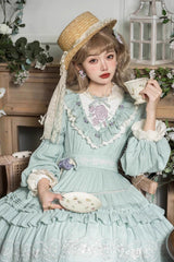 Green Long Sleeves Ruffle Embroidery Bowknot Sweet Plus Size Elegant Lolita Dress - Product - 7