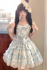 Blue [Snow Top Doll] Sleeveless Multi-Layered Ruffled Bow Lace Princess Sweet Lolita Tiered Dress - Blue - 1