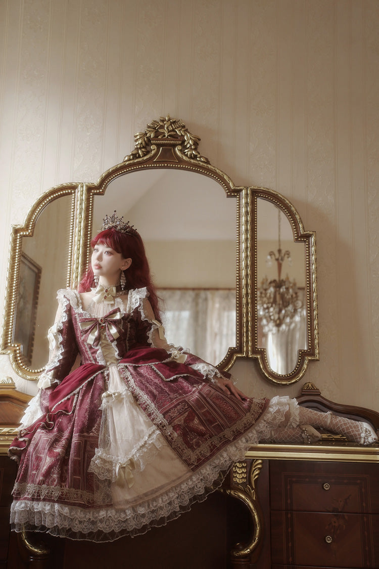 Red Baroque Palace Print Lace Classic Princess Lolita Dress - Product - 8