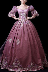 Half Sleeves High Waisted Hollow Embroidery Print Victorian Lolita Prom Dress - Pink - 1