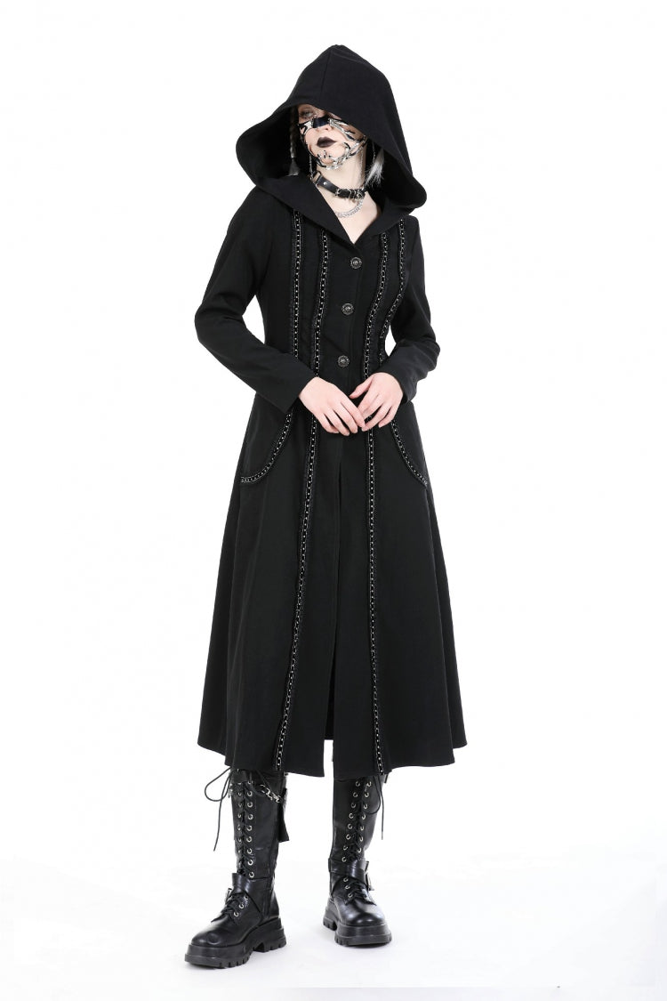 Black Long Sleeves Ruffled Lace-Up Women's Punk Long Jacket with Hood - Product - 10