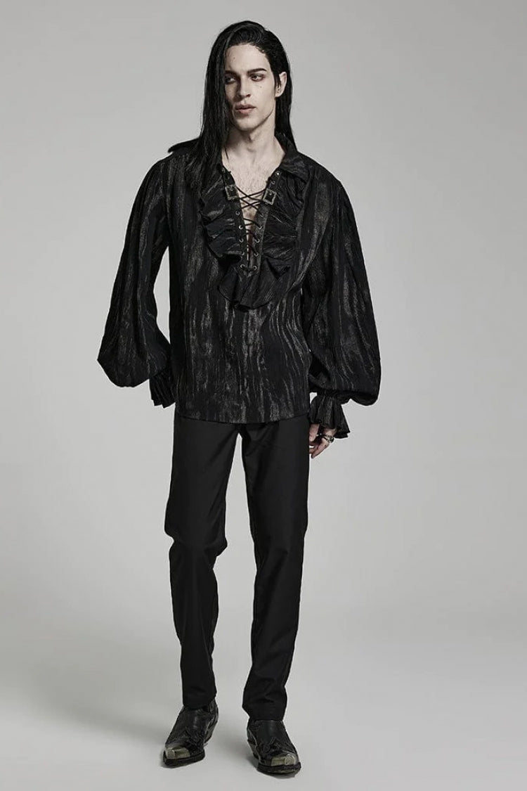 Men's Jacquard V Collar Lantern Sleeves Print Ruffle Gothic Blouse 2 Colors - Product - 4