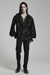 Men's Jacquard V Collar Lantern Sleeves Print Ruffle Gothic Blouse 2 Colors - Product - 4