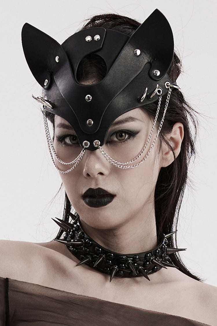 Black Metal Chain Fox Faux Leather Women's Steampunk Mask - Black - 1