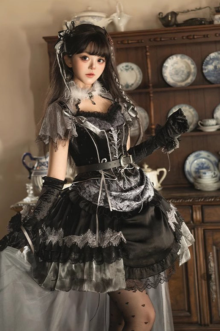 Black [Dark Night Rose] Short Sleeves Print Ruffle Bowknot Lace Asymmetric Gothic Lolita Dress - Product - 11