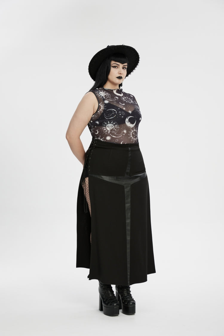 Black Sleeveless Printed Mesh Eyelet Women's Gothic Top - Product - 3