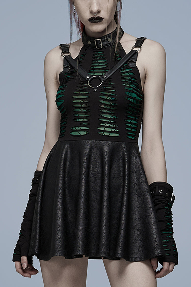 Sleeveless Stitching Spider Web Ripped Women's Gothic Dress 3 Colors - Black/Red - 9