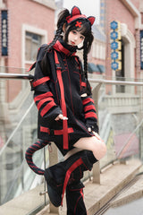 Black/Red Long Sleeves Print Cat Ears Hooded Jirai Kei Handsome Coat - Product - 6