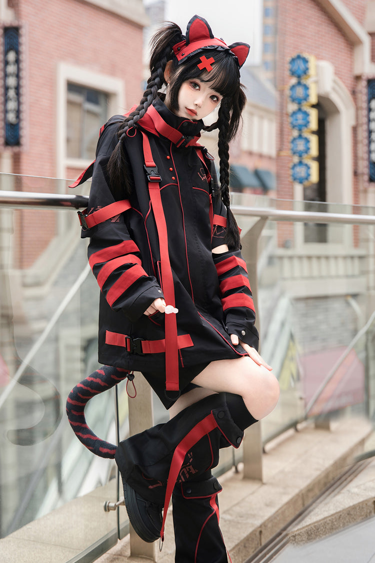Black/Red Long Sleeves Print Cat Ears Hooded Jirai Kei Handsome Coat - Product - 6