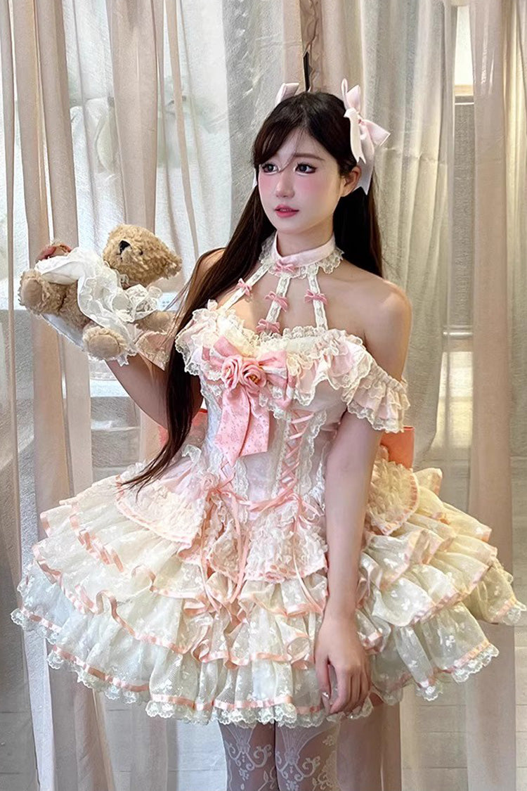 Pink [Flower Language of Eros] Halterneck Multi-Layered Ruffle Bowknot Rose Lace Lace-Up Sweet Ballet Lolita Jsk Dress - Pink - 1
