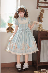 Blue [Underwater Concert] Round Collar Short Sleeves Printed Ruffled Bow Sweet Lolita Dress - Product - 6