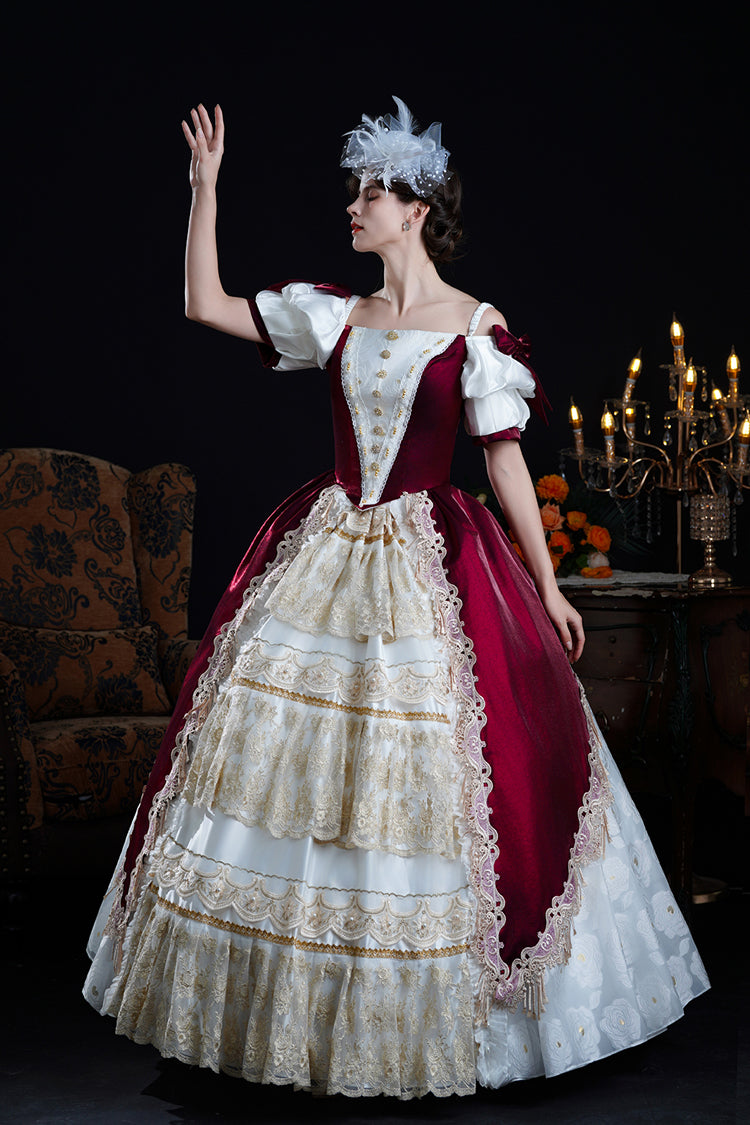 Red/Apricot Off Shoulder Short Sleeves Ruffle Cardigan Bowknot Lace Classic Princess Palace Lolita Victorian Dress - Product - 5