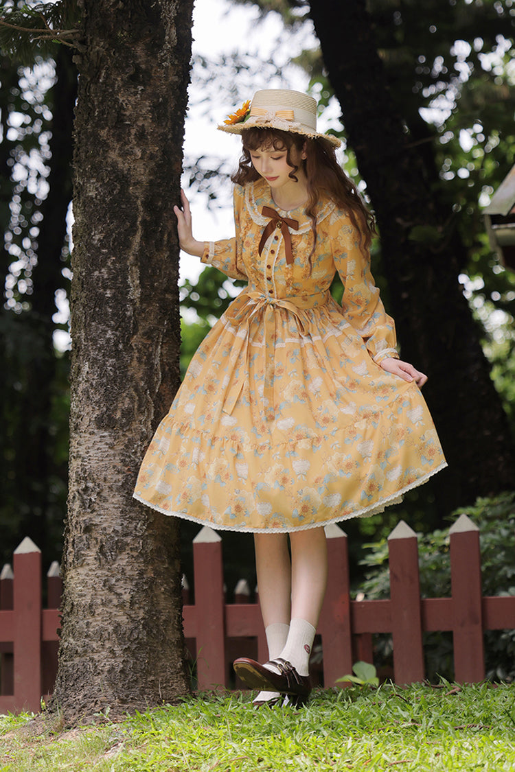 Yellow [Gardening Sunflower] Long Sleeves Print Ruffle Bowknot Sweet Elegant Lolita Dress - Product - 2