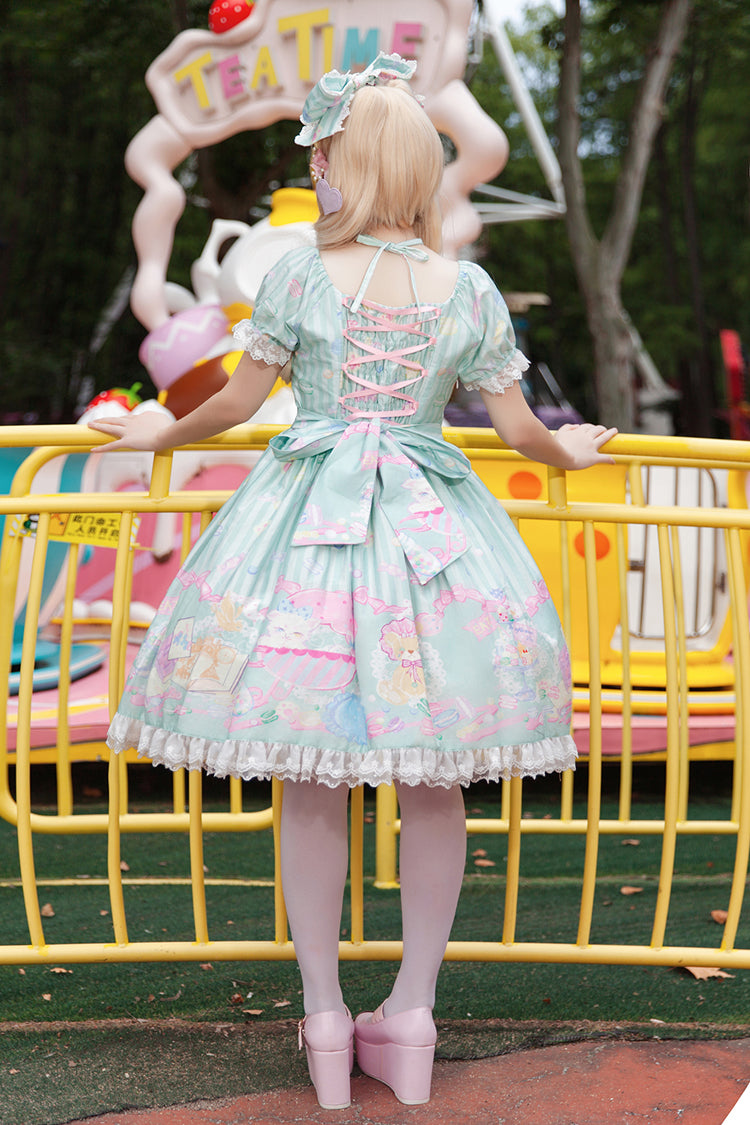 [Macaron Dolly House] Doll Collar Short Sleeves Print Bowknot Sweet Lolita Dress 3 Colors - Product - 4