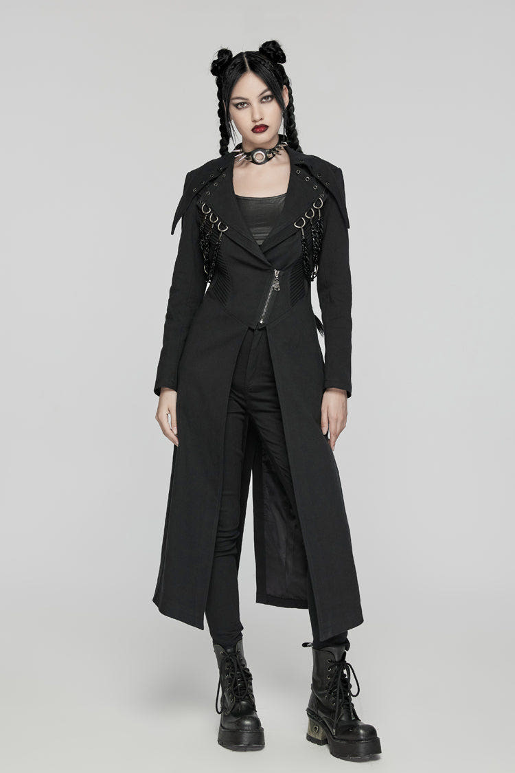 Black Lapel Collar Metal Chains Long Sleeves Women's Punk Long Coat - Black - 1