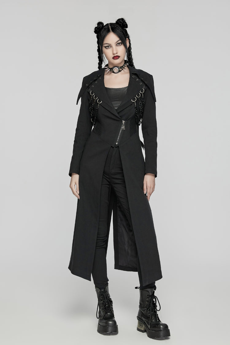 Black Lapel Collar Metal Chains Long Sleeves Women's Punk Long Coat - Black - 1