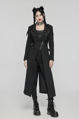 Black Lapel Collar Metal Chains Long Sleeves Women's Punk Long Coat - Black - 1
