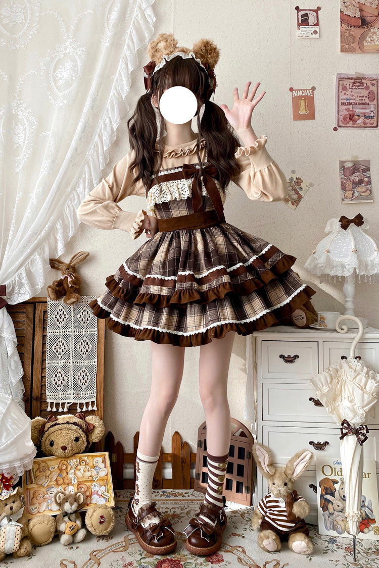 Brown Sleeveless Double-Layered Plaid Print Ruffle Bowknot Lace Sweet Lolita Jsk Dress - Product - 10
