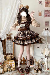 Brown Sleeveless Double-Layered Plaid Print Ruffle Bowknot Lace Sweet Lolita Jsk Dress - Product - 10