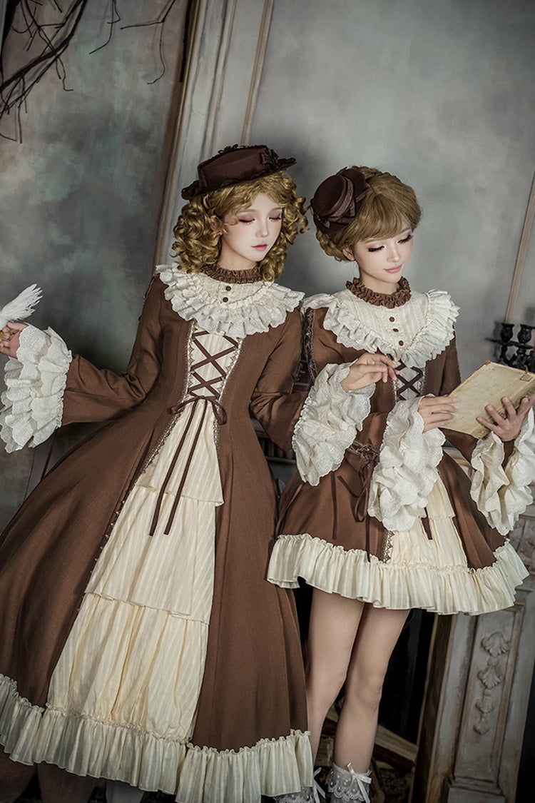 Brown/Beige [Nutcracker] Stand Collar Long Trumpet Sleeves Ruffle Cardigan Bowknot Lace-Up Sweet Lolita Dress Set 2 Versions - Product - 5