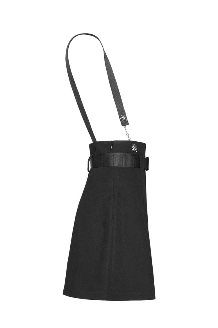 Black Metal Ring Shoulder-Strap Buckle Belt Split Hem A-Shaped Women's Punk Skirt - Product - 6