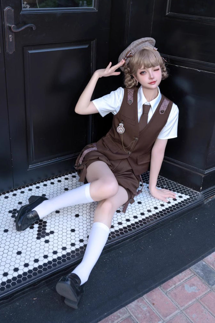 Brown Bunny Detective Short Sleeves Prince Ouji Lolita Set - Product - 5