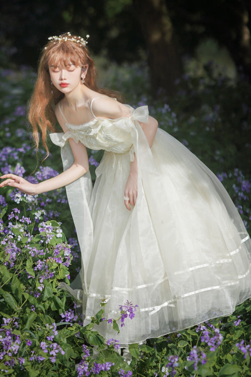 Beige Small Ballet High Waisted Bowknot Chiffon Long Version Sweet Lolita JSK Dress - Product - 8