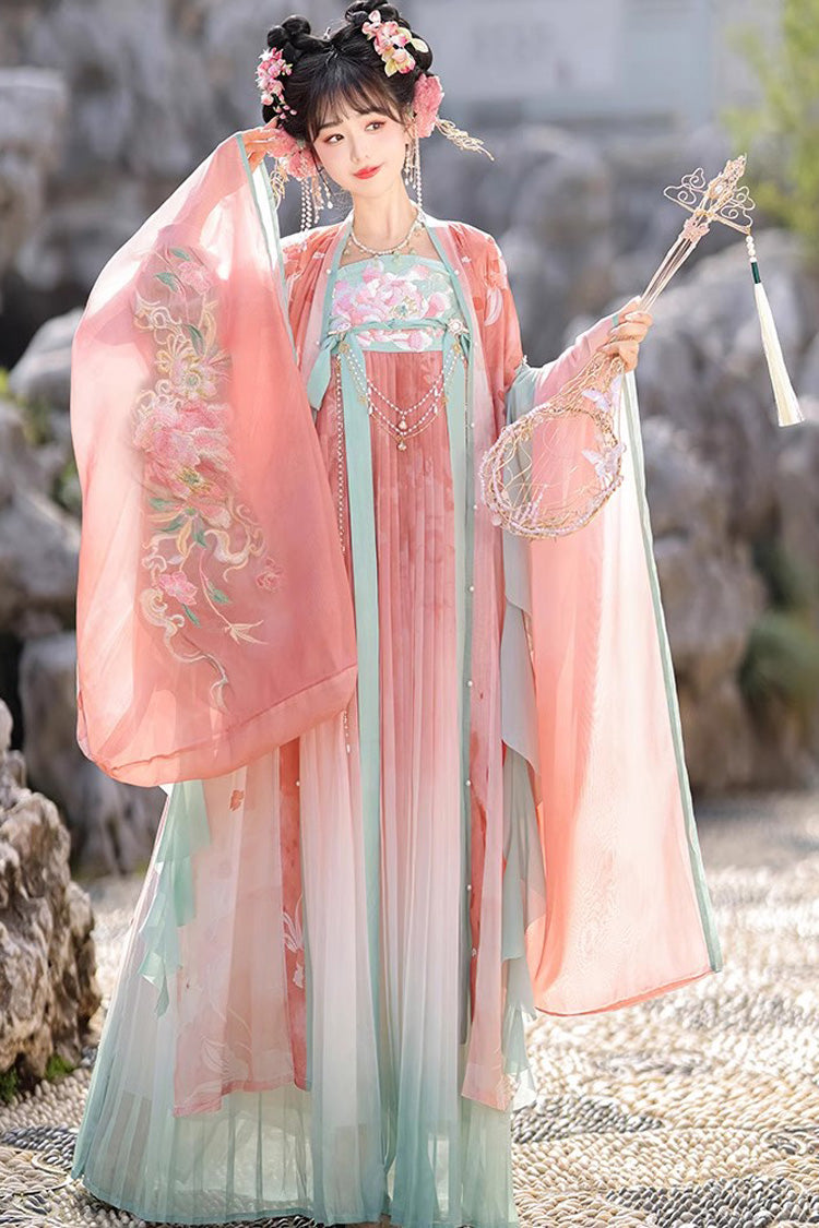 Pink Long Sleeves Print Embroidery Sweet Hanfu Full Set - Pink - 1