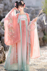 Pink Long Sleeves Print Embroidery Sweet Hanfu Full Set - Pink - 1