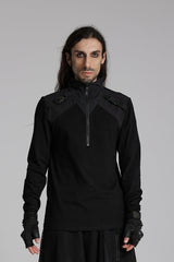 Black Stand Collar Long Sleeves Techwear Bucket-up Zip Men's Punk T-Shirt - Black - 1