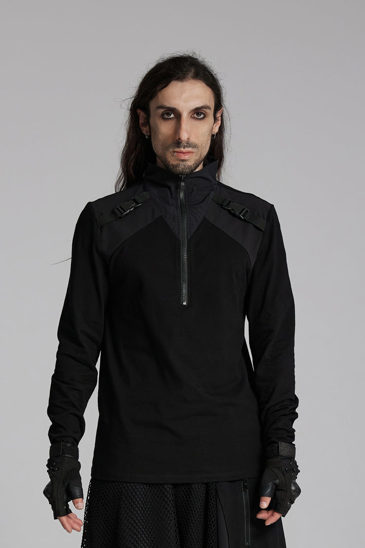 Black Stand Collar Long Sleeves Techwear Bucket-up Zip Men's Punk T-Shirt - Black - 1
