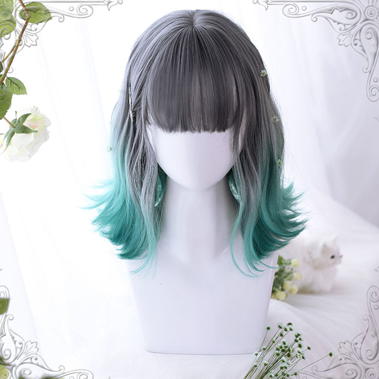 Gray Gradient Green Short Slightly Curly Sweet Lolita Wigs - Grey - 1