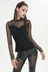 Black Turtleneck Adjustable Faux Suspenders Textured Knit Mesh Women's Punk T-Shirt - Product - 3