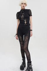 Black Detachable Knitted Fabric Splicing Printing Mesh Women's Punk Leggings - Product - 9