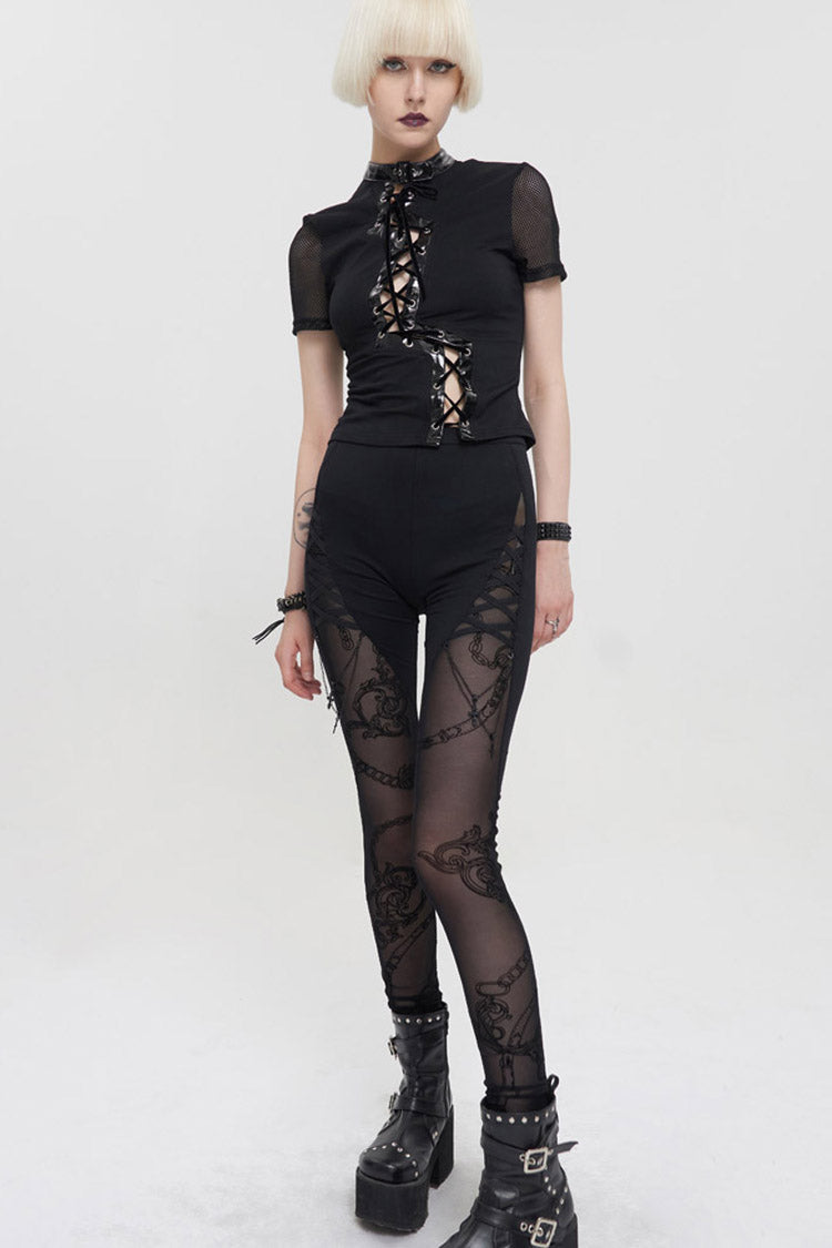 Black Detachable Knitted Fabric Splicing Printing Mesh Women's Punk Leggings - Product - 9