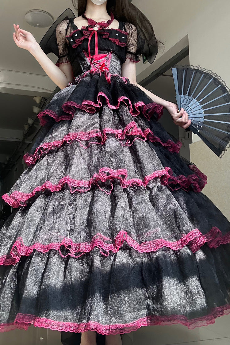 Black/Red Short Sleeves Multi-Layered Ruffle Hanayome Bowknot Lace Plus Size Sweet Lolita Dress (Long Version) - Product - 4