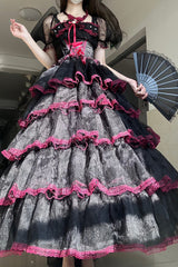 Black/Red Short Sleeves Multi-Layered Ruffle Hanayome Bowknot Lace Plus Size Sweet Lolita Dress (Long Version) - Product - 4