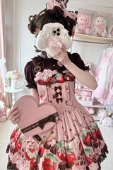 Pink [Strawberry Chocolate Lover] Sleeveless Printed Ruffled Embroidered Bow Lace Sweet Lolita Strap Dress - Product - 7