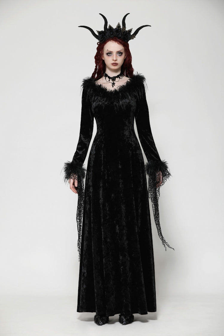 Black Long Sleeves Velvet Lace Women's Gothic Maxi Dress Wedding Dress - Black - 1