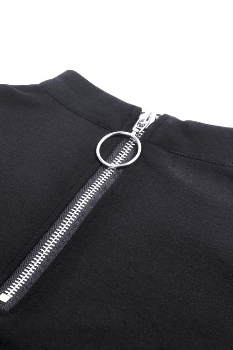 Black Long Sleeves Cut-Out Spliced Mesh Zippered Strappy Eyelet Women's Punk Crop Top - Product - 15