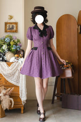 Purple [Forest Boulotty] Lapel Collar Short Sleeves Heart-Shaped Polka Dot Printed Bow Sweet Lolita Dress - Product - 2