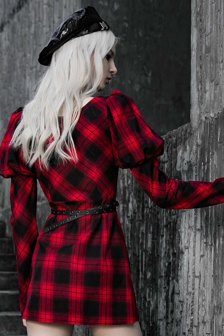 Black/Red Lattice High Waist Long Sleeve Women's Steam Punk Belted Dress - Product - 3