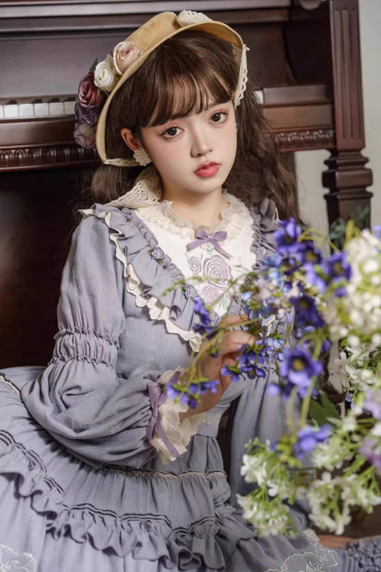 Purple Long Sleeves Ruffle Embroidery Bowknot Sweet Plus Size Elegant Lolita Dress - Product - 6