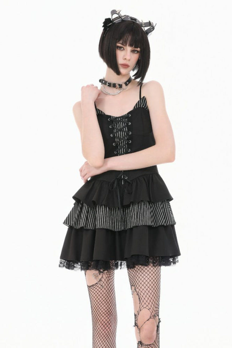 Black/White Contrast Stripes Lace-Up Multi-Layered Ruffled Hem Women's Gothic Slip Dress - Product - 5